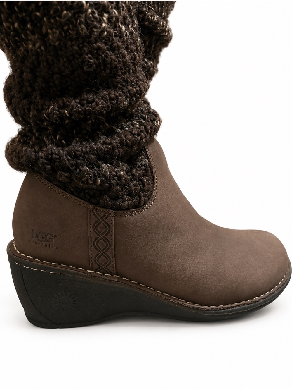 UGG Australia Brown Suede Wedge Ankle Boots Knit Cuff Leg Warmers Women’s 7.5